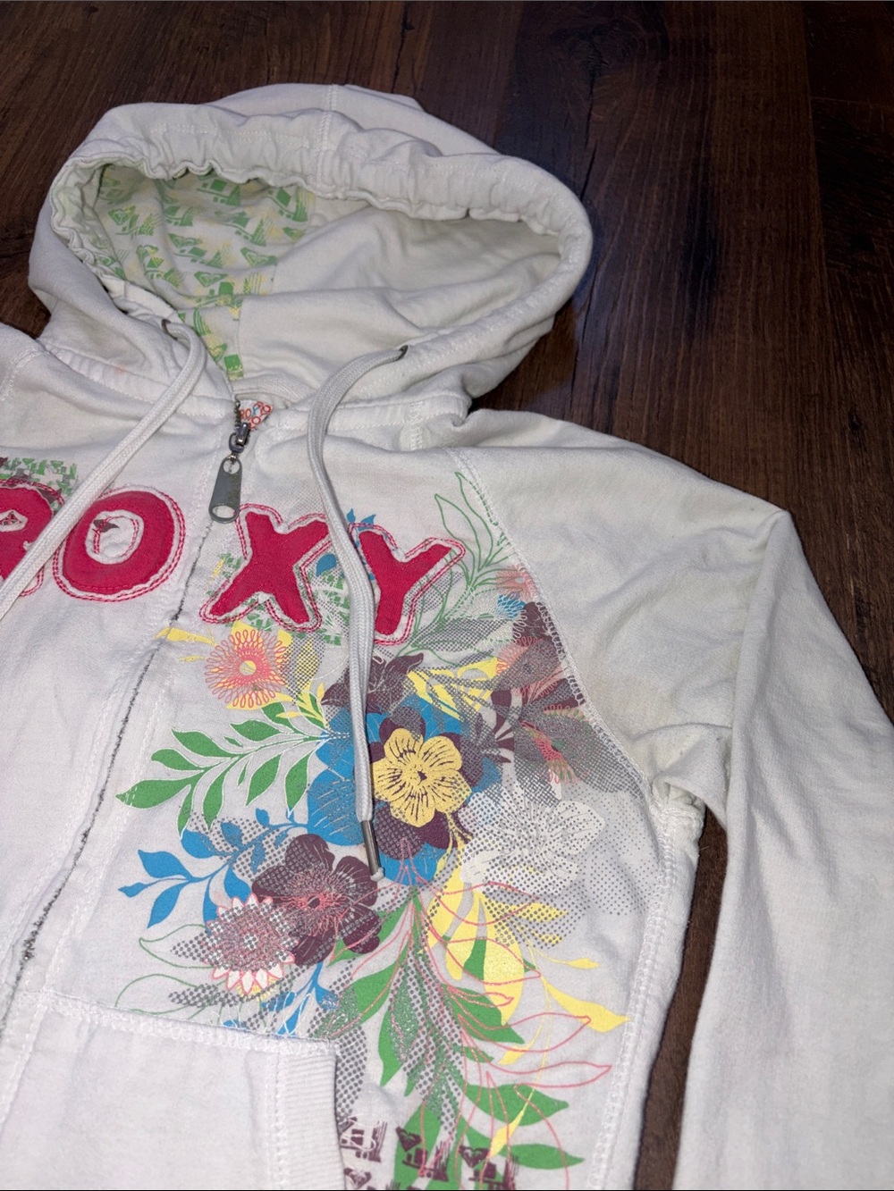 Roxy Zip Up Hoodie with Pink Logo and Multicolor Floral Print - Picture 3 of 14
